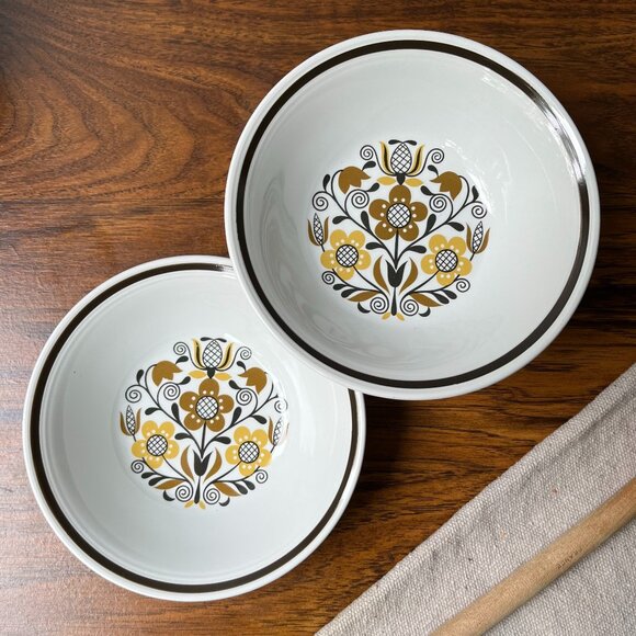 Folklore Ironstone ware by Myott England 2 Cereal Bowls 6,5" Brown Flowers - Picture 1 of 13